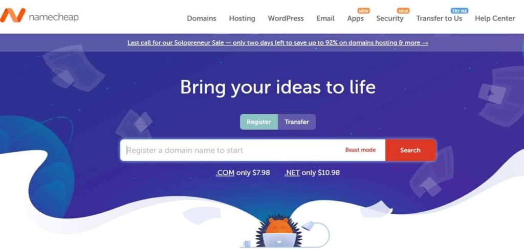 Namecheap, hosting services for websites